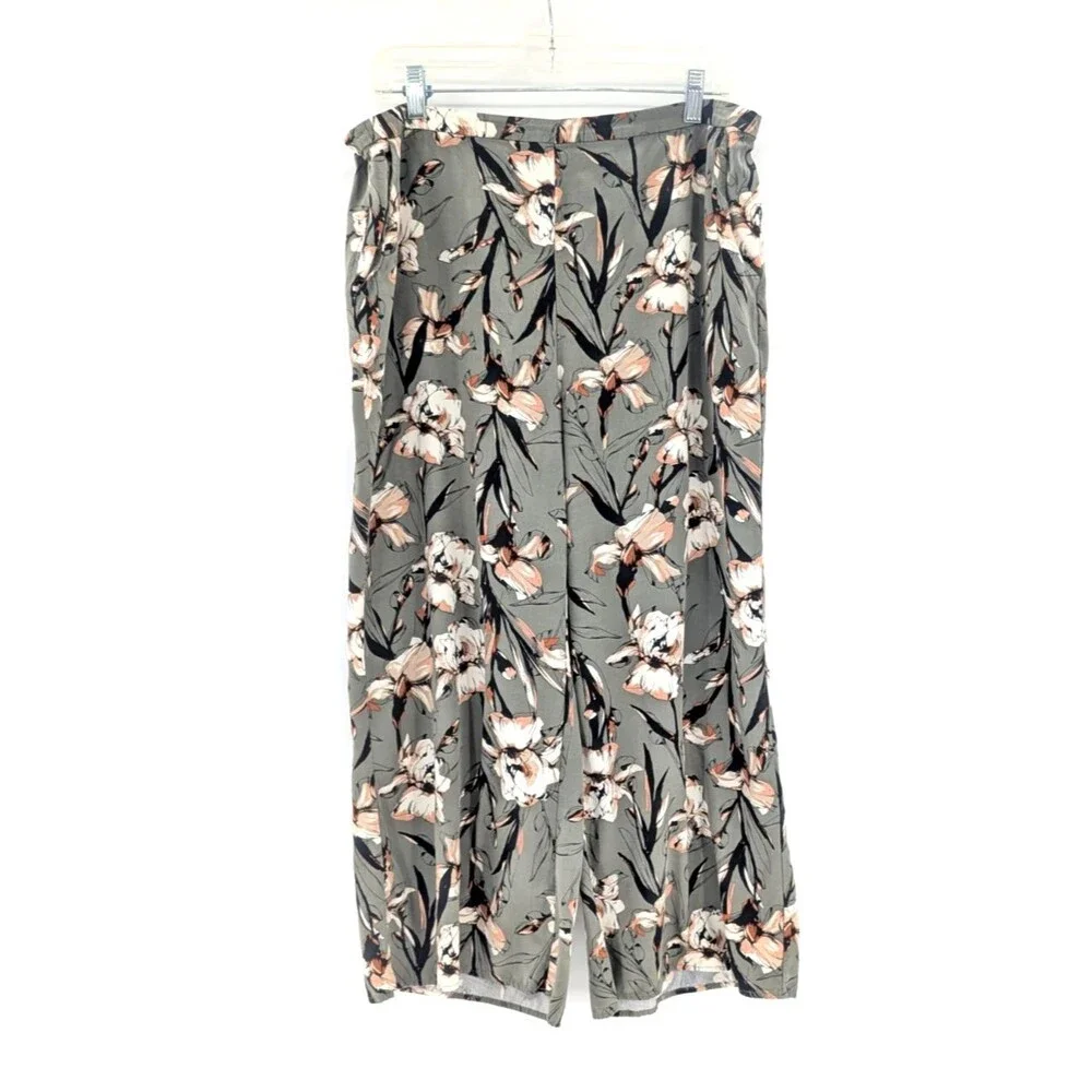 Nordstrom Rack Green Wide Leg Floral Ankle Pants Stretch Pockets XL 34
